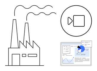 Factory with emissions, video play button, and data dashboard conveying technology, communication, and analytics. Ideal for innovation, sustainability, industrial process, technology business