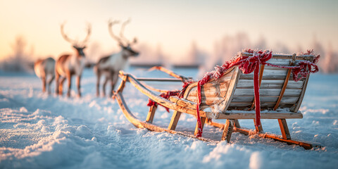 reindeer sleigh in snow with festive decorations