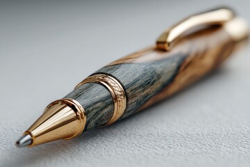 Fototapeta premium A close up of a handcrafted pen with gold accents and wood grain texture on a neutral background