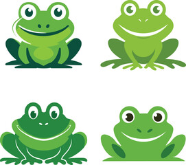 Illustration showing four cartoon frogs with different designs and shades of green on a white background