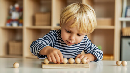 Young boy playing with wooden educational toy at a table