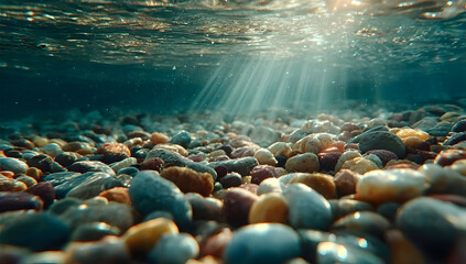 Beneath the tranquil surface of water, colorful pebbles create an enchanting mosaic, illuminated by gentle sunlight rays. A serene underwater scene.