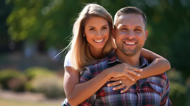 Happy couple smiling and enjoying a playful piggyback ride in a vibrant nature reserve on a sunny summer day, dressed in casual attire and radiating joy and affection
