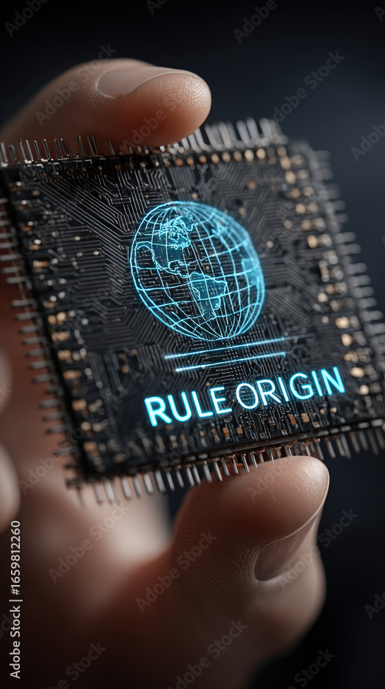 Poster rule origin concept with microchip featuring globe design, symbolizing global trade and origin track