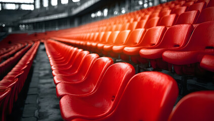 An empty stadium showcasing rows of vivid red seats, highlighting the energy and excitement that awaits during upcoming events and games.