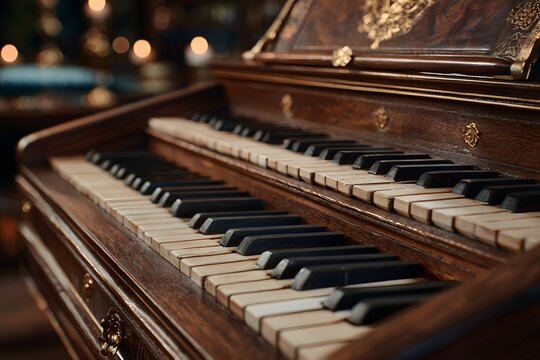 harpsichord keyboard close-up in a polished ornate studio portrait under warm lighting.