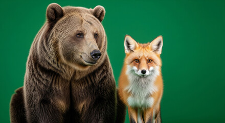 Fototapeta premium Ultra Realistic Photo of Two Different Animal Species Including Exotic, Reptiles, or Aquatic Mammals on Chromakey Green Studio Background, 16:9
