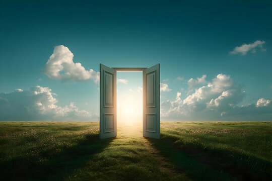 An open door invites exploration, leading to a bright horizon. This image symbolizes new beginnings, opportunities, and the journey ahead in a serene setting.