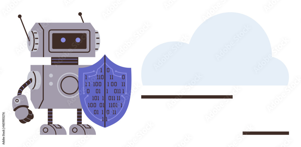 Poster robot holding a binary-code shield beside a cloud, representing cybersecurity, data protection, and 