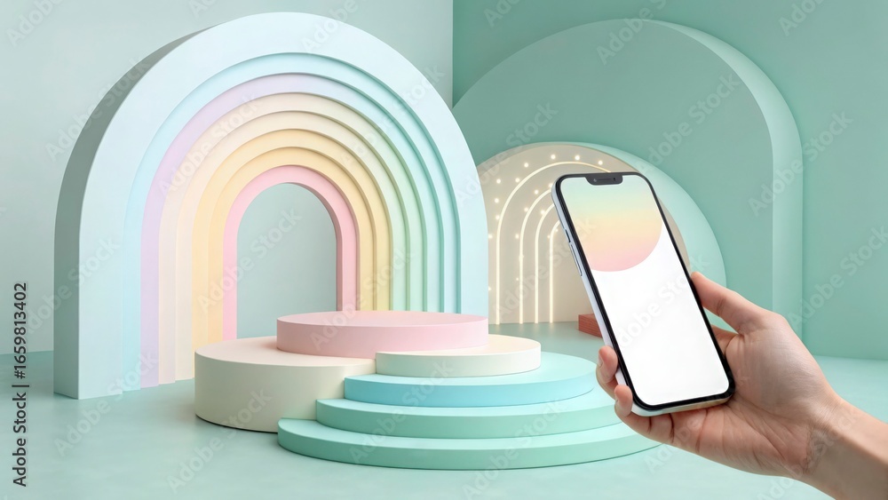 Poster hand holding phone in front of pastel rainbow arch and platform display background scene for product