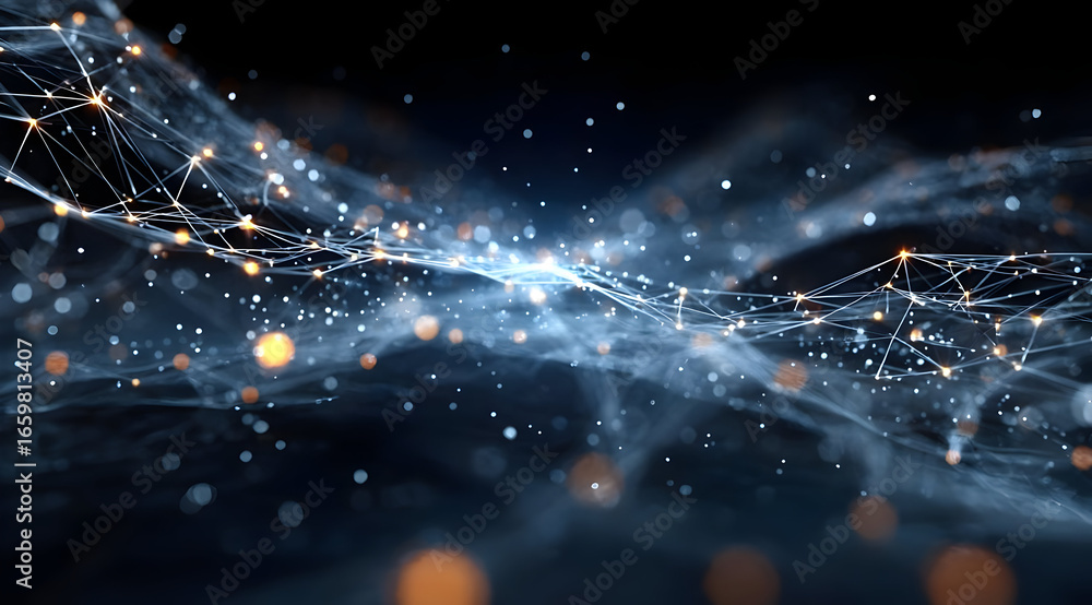 Poster an abstract representation of digital connections in a vibrant universe, showcasing a network of glo