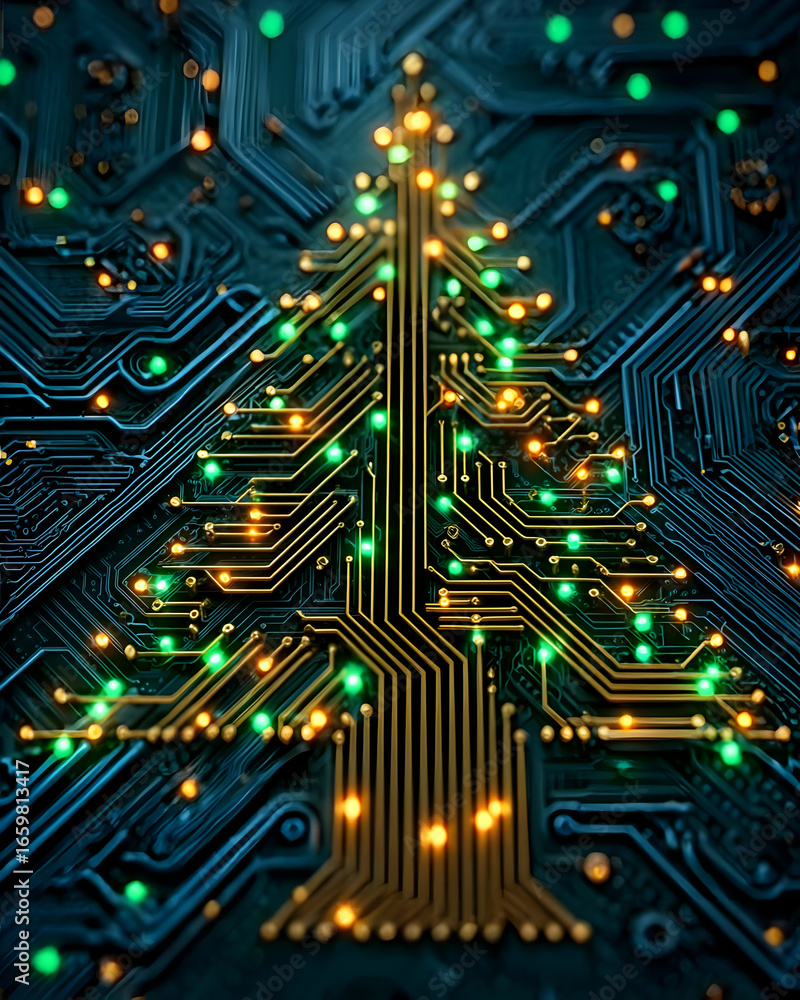 Poster an abstract representation of a christmas tree made from circuit board patterns and glowing lights. 