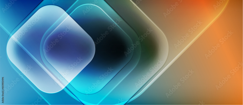 Poster abstract composition featuring layered squares, gradients. blue transitions to orange hues create dy