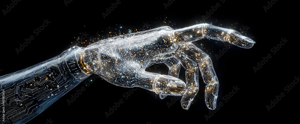 Poster this futuristic image captures a translucent robotic hand reaching out, illuminated by sparkling lig