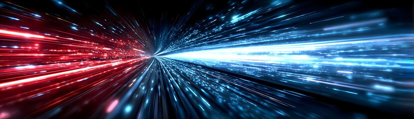 Obraz premium Dynamic burst of light with vivid red and blue streaks, symbolizing speed and energy in the digital age. Perfect for tech and innovation themes.