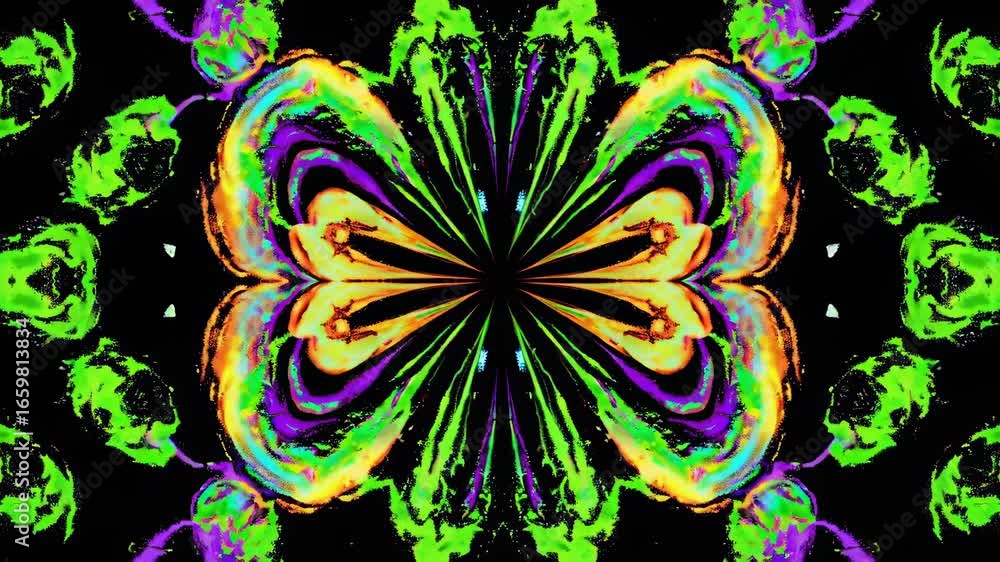 Poster psychedelic kaleidoscope animation featuring vibrant pulsating colors forming symmetrical halos, cre