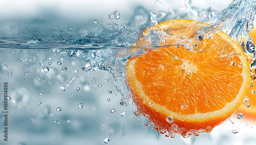 Poster a vibrant orange slice splashing into clear water, creating bubbles and ripples. perfectly captured 