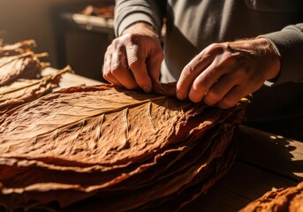 Farmers hands carefully sorts a large dried tobacco leaf