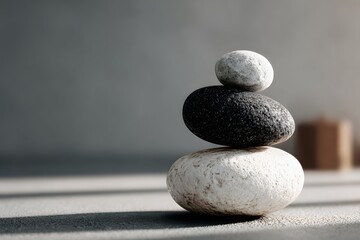 Elegant yin symbol formed by sleek black and white stones on a smooth, serene surface.