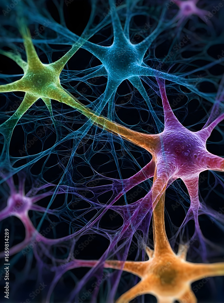 Poster this image showcases colorful neurons connected within a complex network, highlighting the beauty an