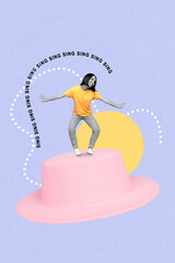 Composite image montage trend artwork 3D collage of young lady dance huge size hat sing banner carefree nightclub weekend event rest