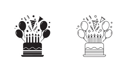 Birthday cake with balloons and confetti