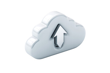 Shiny 3D cloud icon with upward arrow, isolated on black background