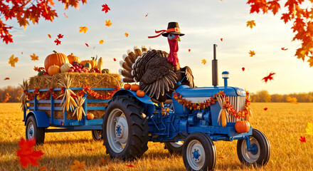 Thanksgiving Turkey on Tractor: Autumn Farm Harvest and Seasonal Celebration. Fun Thanksgiving scene with turkey