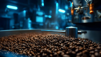 Fototapeta premium Close-up view of freshly roasted coffee beans in a modern facility, showcasing their rich color and texture under blue lights.