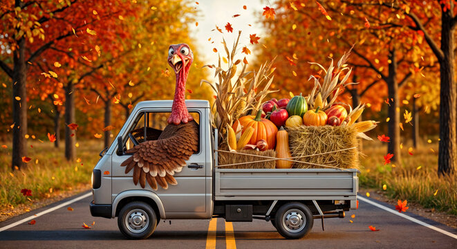 Festive Turkey Riding with Harvest Load in Vibrant Autumn Forest Setting. Fun Thanksgiving scene with turkey