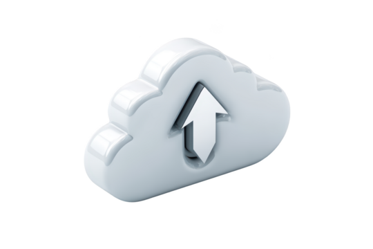 Shiny 3D cloud icon with upward arrow, isolated on black background