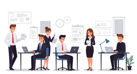 Vector illustration of a business team working together in an office. 
