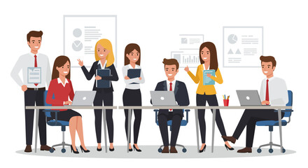Vector illustration of a business team working together in an office. 