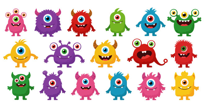 Vector illustration of cute colorful cartoon monsters in a row, each with different shapes, eyes, and expressions. Some monsters have one eye, multiple eyes, sharp teeth, big mouths, or funny hairstyl