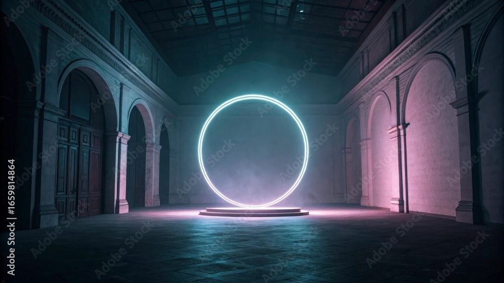 Poster a neon circle glows in a large hall with arched doorways and columns under a dark ceiling space desi