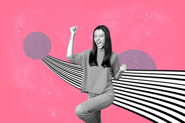Collage of stylish person with hypnotic swirl and geometric pattern black white waves background in...