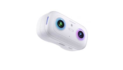 White 360 camera with dual lenses, rounded shape, & sleek design, isolated on black