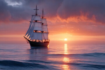 Obraz premium Sailing ship navigating calm ocean waters during golden sunset