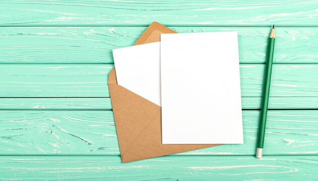 Blank White Card with Envelope and Green Pencil on Turquoise Wood