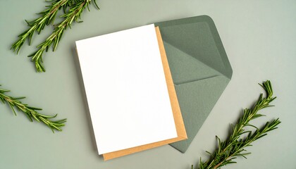 Minimalist Blank Card, Green Envelope, and Rosemary Sprigs Flat Lay