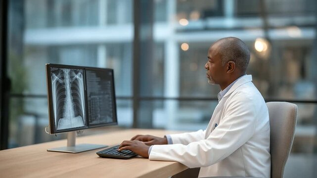 Radiology Professional Evaluating Dual Screen Set Up for Imaging