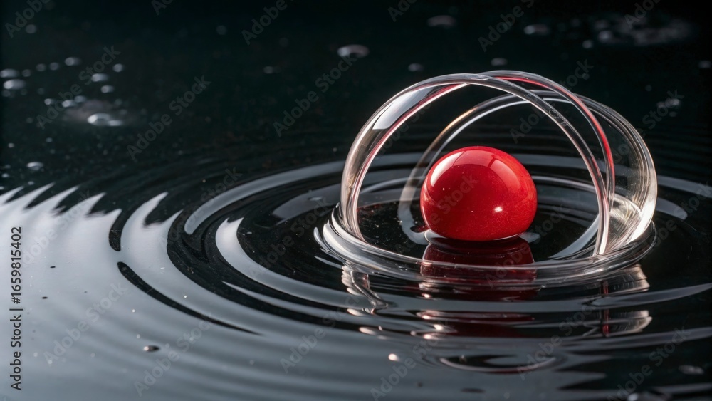 Poster a red sphere resting in a clear circular structure surrounded by water ripples on a dark surface