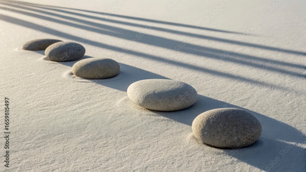 Poster a row of light gray stones on a light surface with shadows cast from above on the background