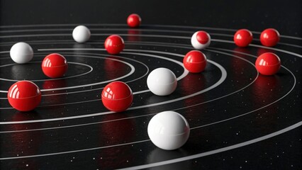 A conceptual representation of planets orbiting a star with red and white spheres on dark background