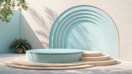 A turquoise podium display with an arch backdrop and plant in a corner with shadow patterns on the wall