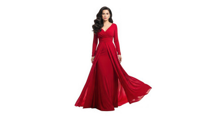 Elegant woman in flowing red gown on black background