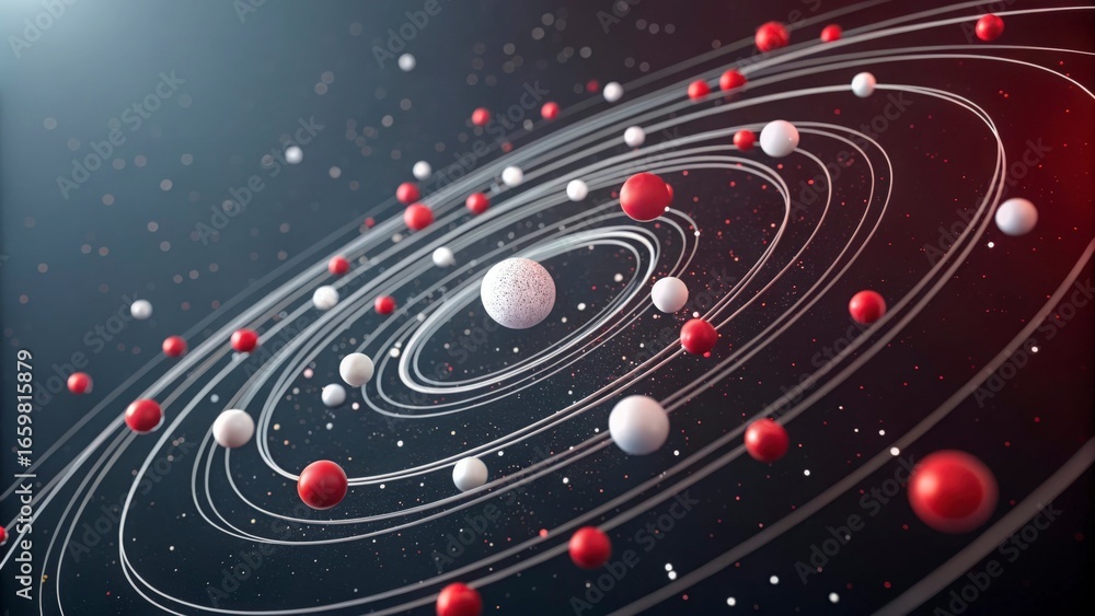 Poster abstract representation of a planetary system with red and white spheres orbiting around