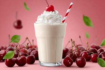 Cherry milkshake topped with whipped cream and a cherry on pink background