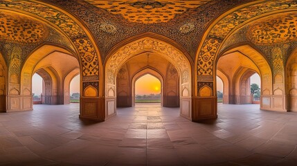 Sunrise through arched colonnade, ornate Mughal architecture