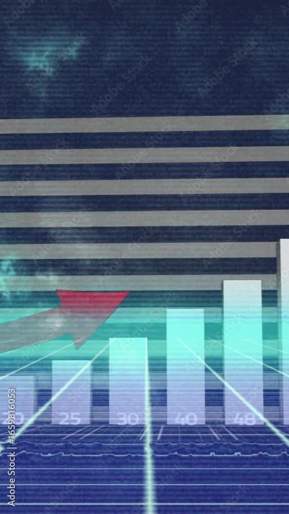 Poster animation of glitch effect over statistical data processing over grid network on blue background